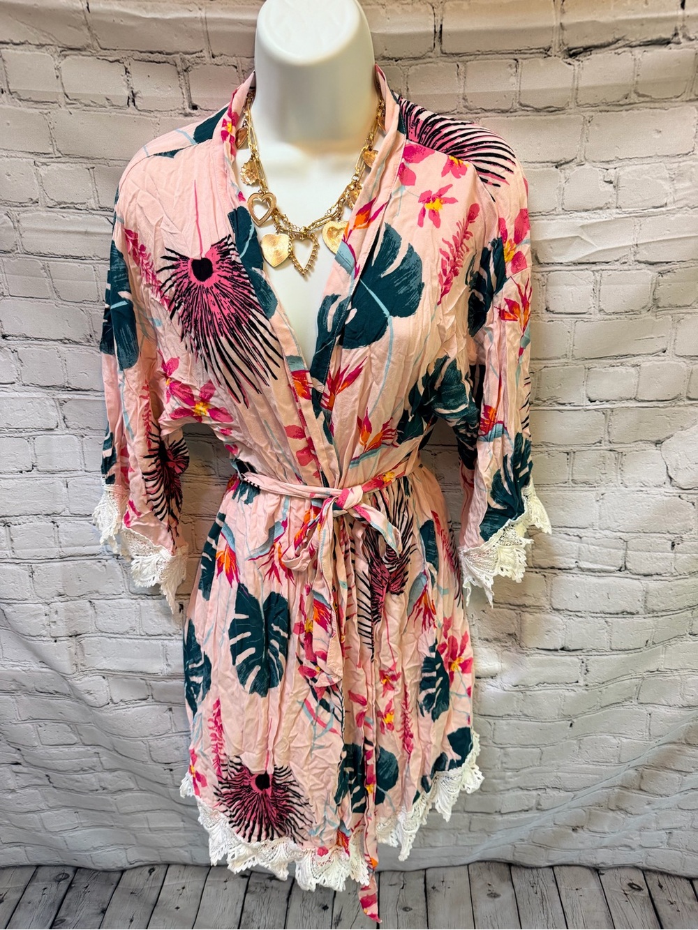 Tropical Floral Kimono Robe Cover Up Pink Lace Trim Large